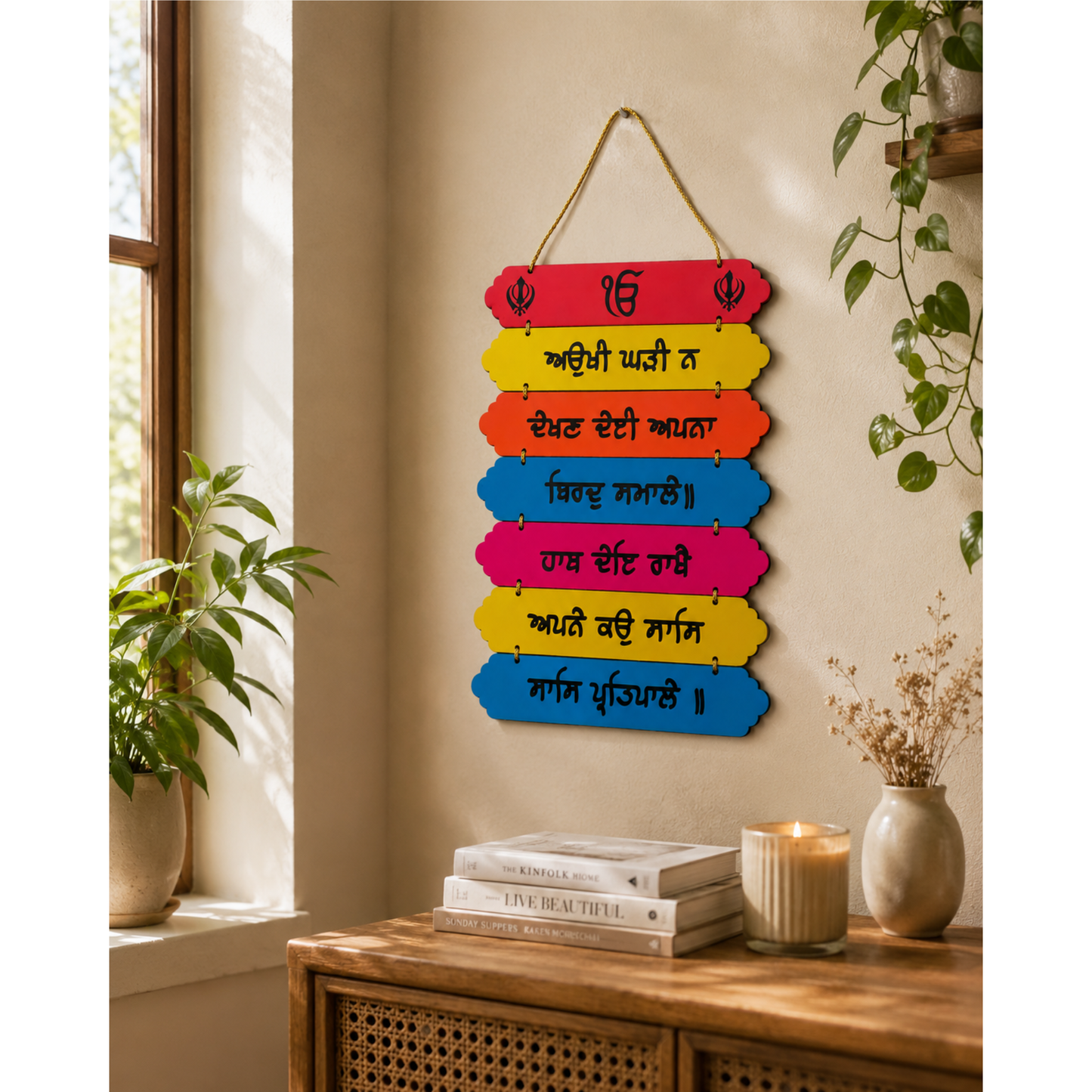 Punjabi Sikh Wooden Hanging Wall Plaque Multicolour Gurmukhi Quote Sign 33x22cm