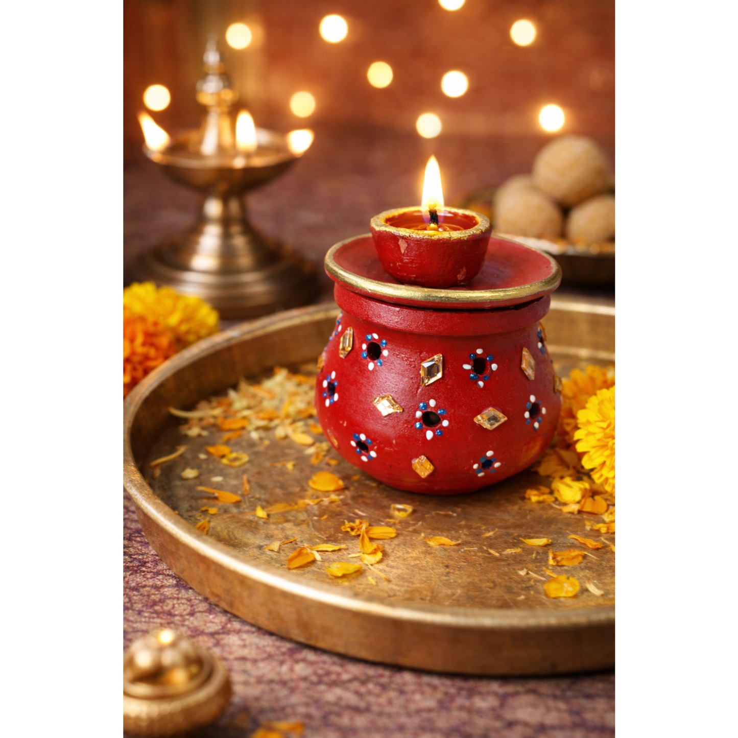 Clay Lota Kalash Garba Pot with Holes Lid & Diya Hand Painted Decorative - 12cm