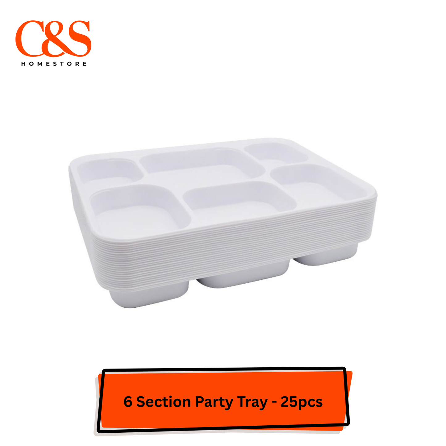 25 x Reusable Rectangular 6 Section Food Party Tray Thali Plastic 31 x 23cm