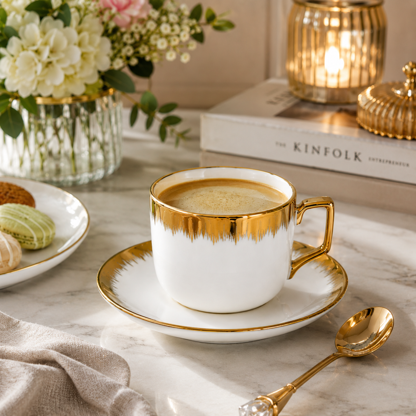 Set of 6 Porcelain Tea Cups and Saucers White with Gold Trim