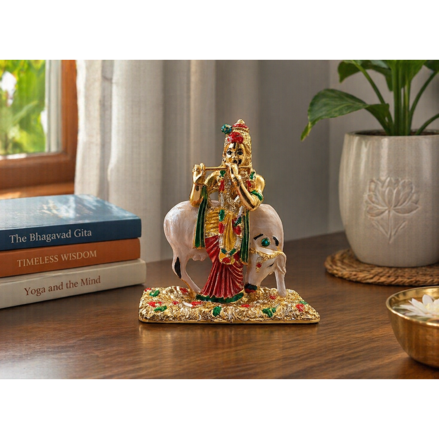 Krishna Statue with Cow Metal Golden Colour Idol Decorative Murti Size 7.5cm x 7