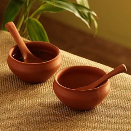 2 x Handmade Earthen Clay Soup Bowls with Spoons 10cm Traditional Serveware