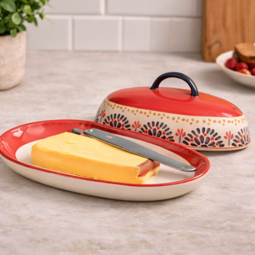Hand Painted Ceramic Oval Butter Dish with Lid for Kitchen 20.5cm X 9cm