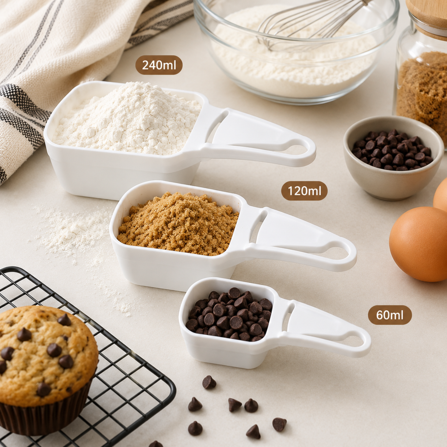 Set of 3 Plastic Measuring Scoops with Sliding Leveler 60ml 120ml 240ml