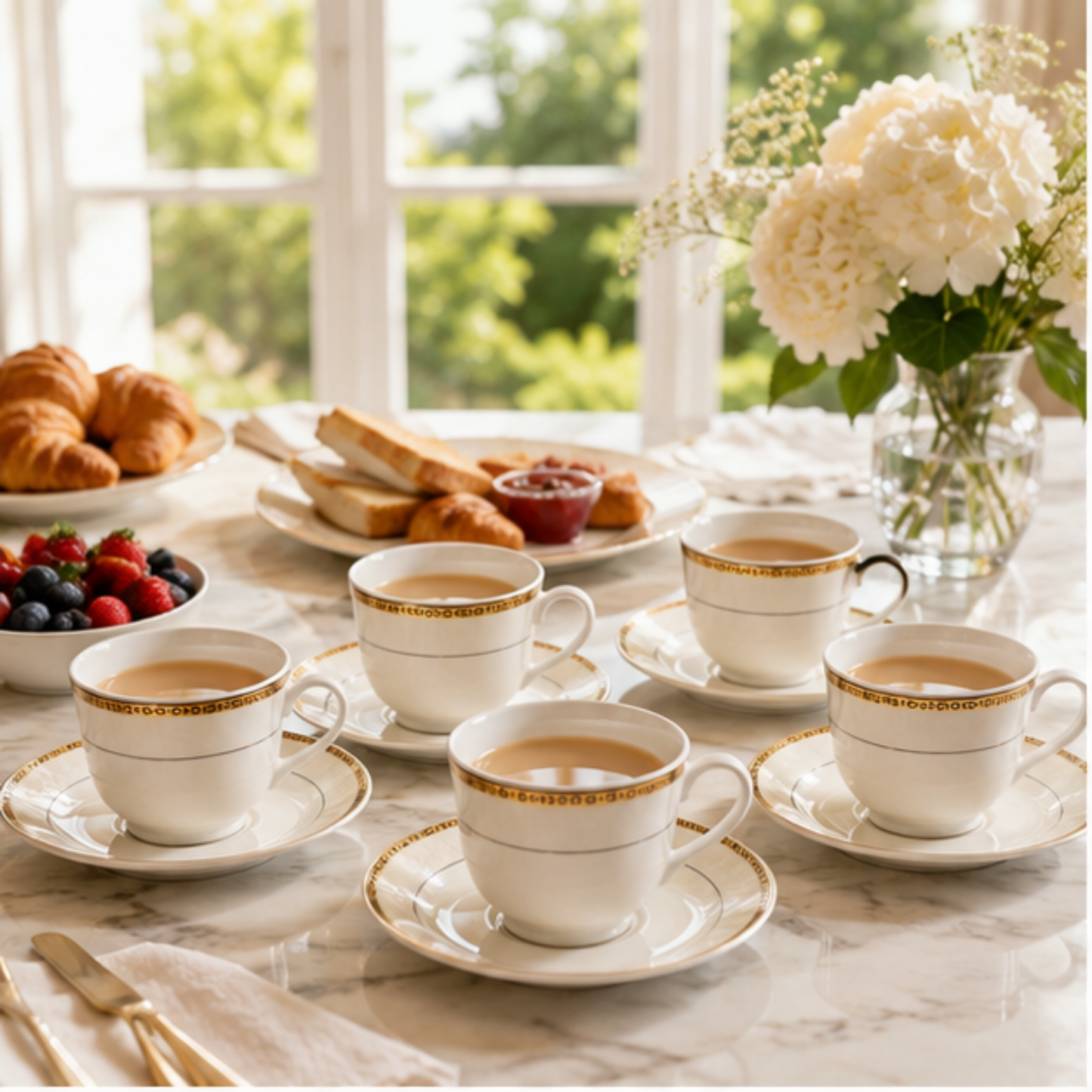 12 Piece Porcelain Tea Set Gold Cream, 6 Tea Cups & 6 Saucers
