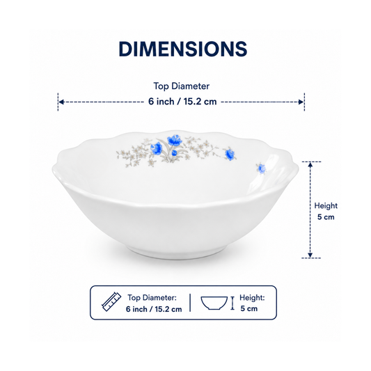 Set of 6 Porcelain Soup Bowls White with Blue Floral Design, Deep Cereal Bowls