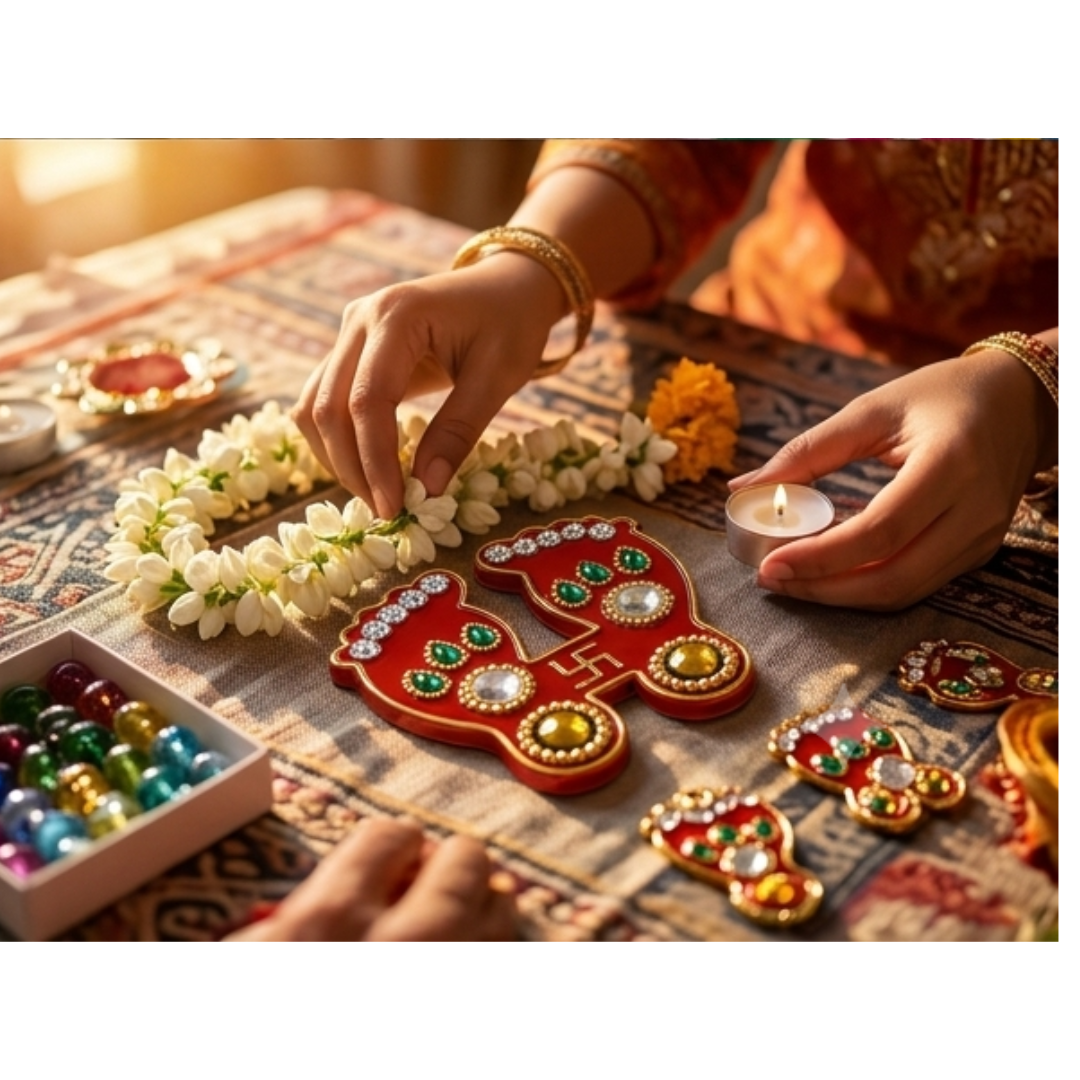 2 X Hindu Decorative Stickers Lakshmi Charan Paduka & Swastik Gold Finish Decor