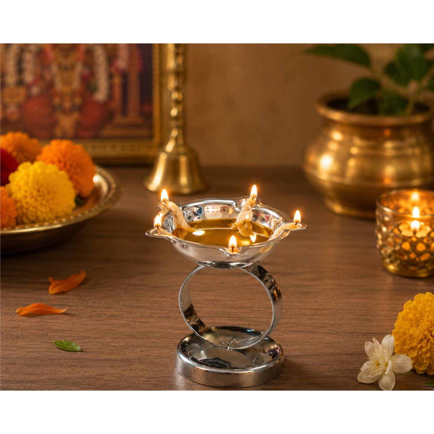 Stainless Steel Five Faced Jyot Oil Lamp Diya with Stand Traditional 6cm x 6.5cm