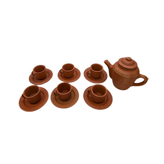 Handcrafted Clay Teapot Set with 6 Teacups & Saucers – Artisan-Made, Natural Elegance