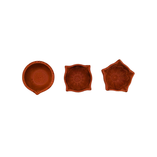 Handmade Clay Diya Set - 3 Unique Variants (Round, Square, Pentagon) - 10-11cm