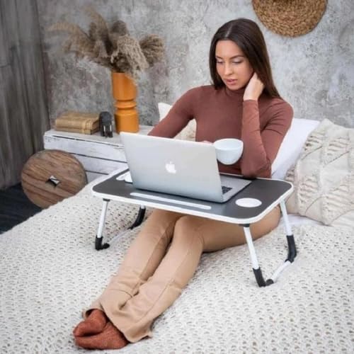 Folding Mini Table with Lock-Out Steel Legs, Foldable Laptop Table, Portable Lap Desk Bed Tray Stand with Cup Holder, Tablet Slot & Lift Handle for Work, Writing, Drawing – Black (60×40×27cm)