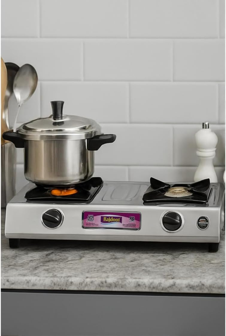 Gas Stove Stainless Steel Double Burner – Portable LPG Gas Cooker for Indoor Kitchen, Camping, Outdoor Cooking, Catering, and Food Stalls – Heavy Duty, Easy Clean, Compact Design