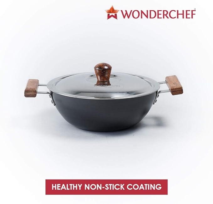 Wonder Chef Ebony Hard Anodized Kadhai, Wok with Lid 24 cm, Black