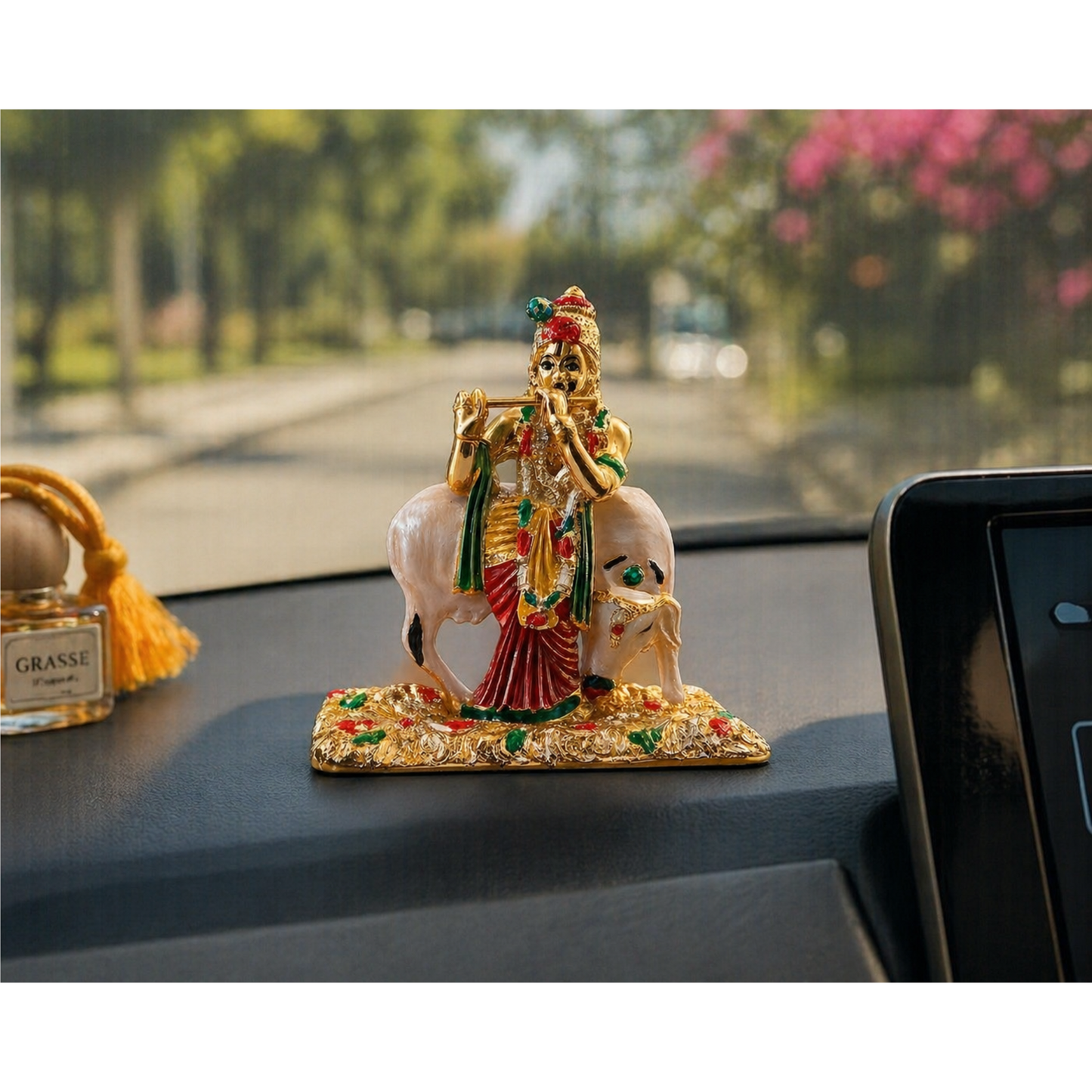 Krishna Statue with Cow Metal Golden Colour Idol Decorative Murti Size 7.5cm x 7