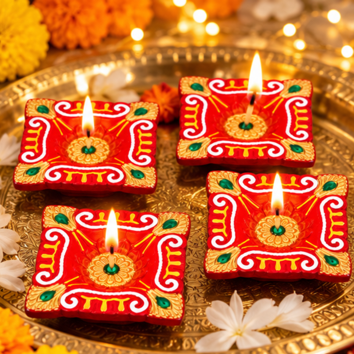 Handmade Clay Diya Set of 4 – Decorative Square Oil Lamps Approx. 7cm