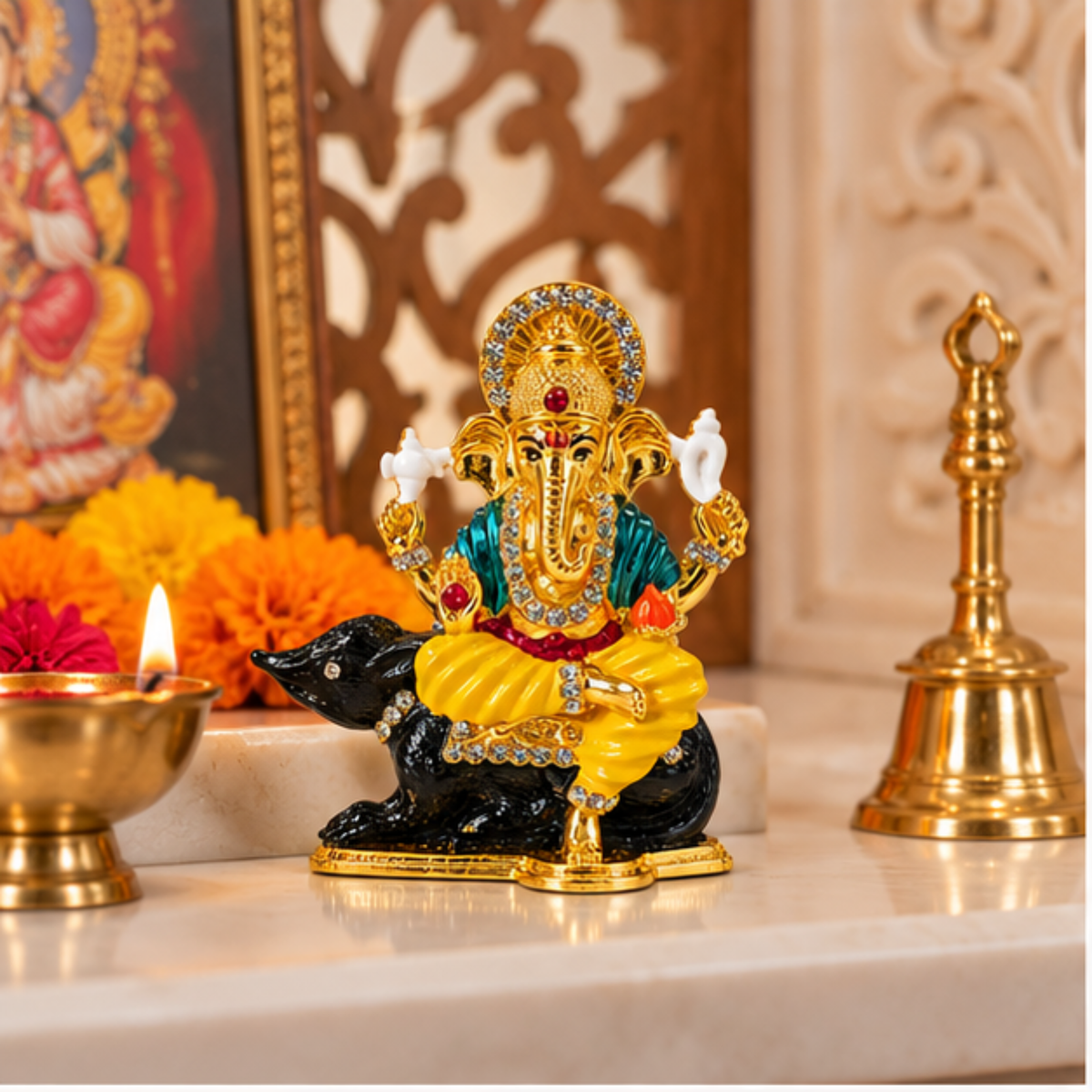 Metal Ganesh Ji Idol on Mouse with Crystal Stone Detailing, Decorative Hindu Ganesha Murti Statue for Car Dashboard