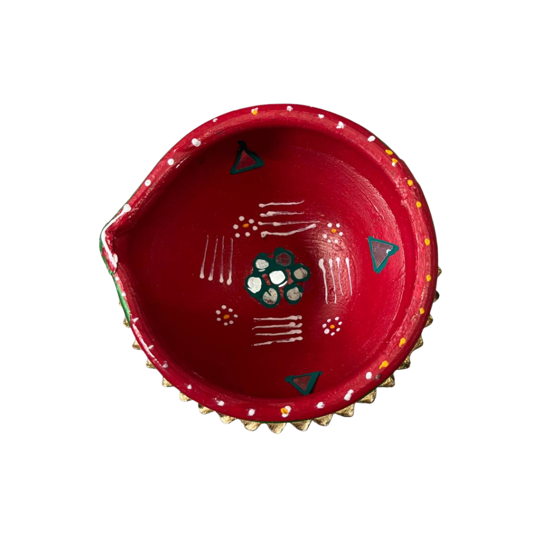 Clay Diya Handmade Painted Red & Green Earthen Oil Lamp for Puja & Diwali