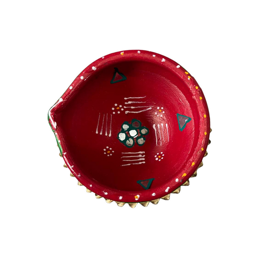 Clay Diya Handmade Painted Red & Green Earthen Oil Lamp for Puja & Diwali