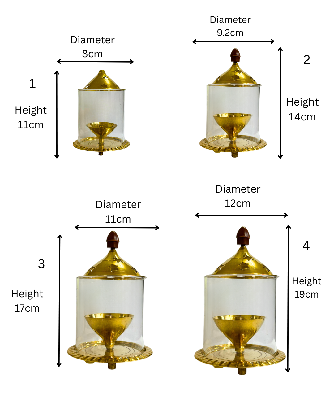 Brass Jyoti Diya Oil / Ghee Lamp with Glass Cover & Lid Traditional Pooja Lamp for Mandir Temple Prayer Room Diwali Decoration Hindu Religious Jyot (Sold Individually, Multiple Sizes)
