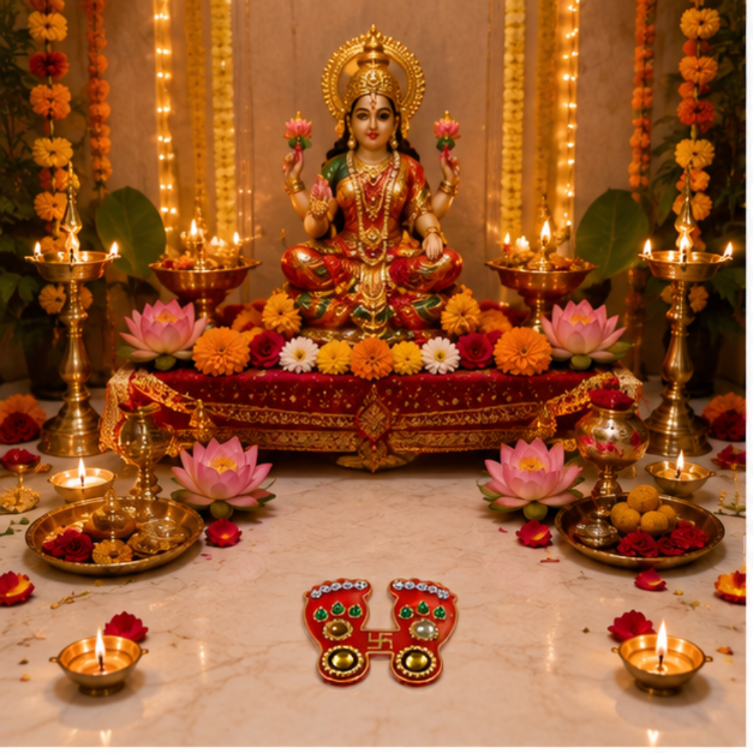 2 X Hindu Decorative Stickers Lakshmi Charan Paduka & Swastik Gold Finish Decor