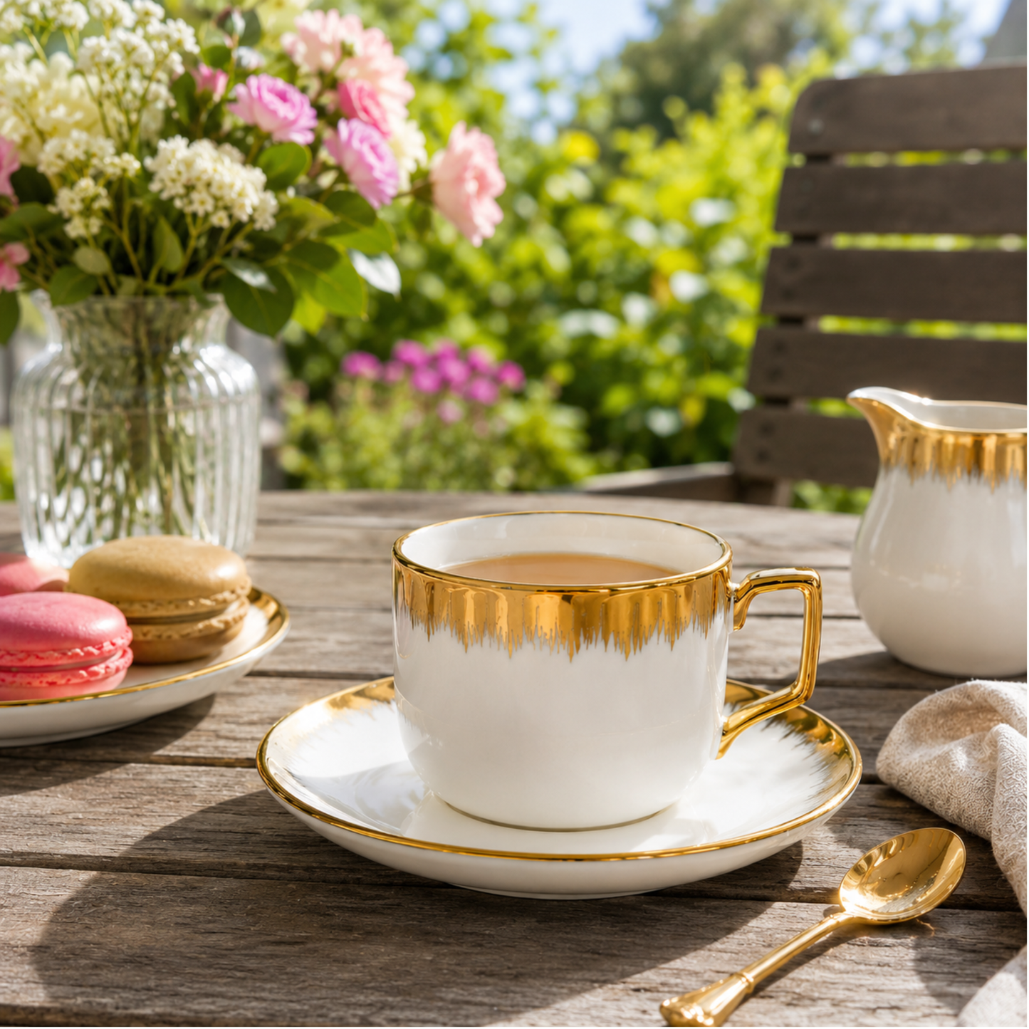 Set of 6 Porcelain Tea Cups and Saucers White with Gold Trim