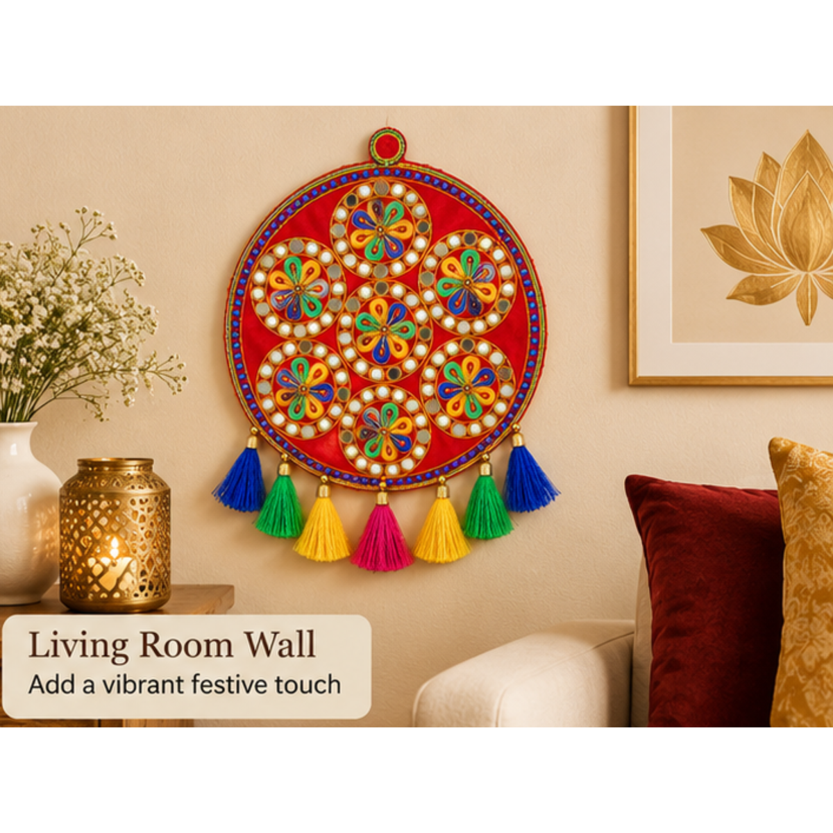 Set of 2 Diwali Round Embroidered Hanging Decorations 24cm