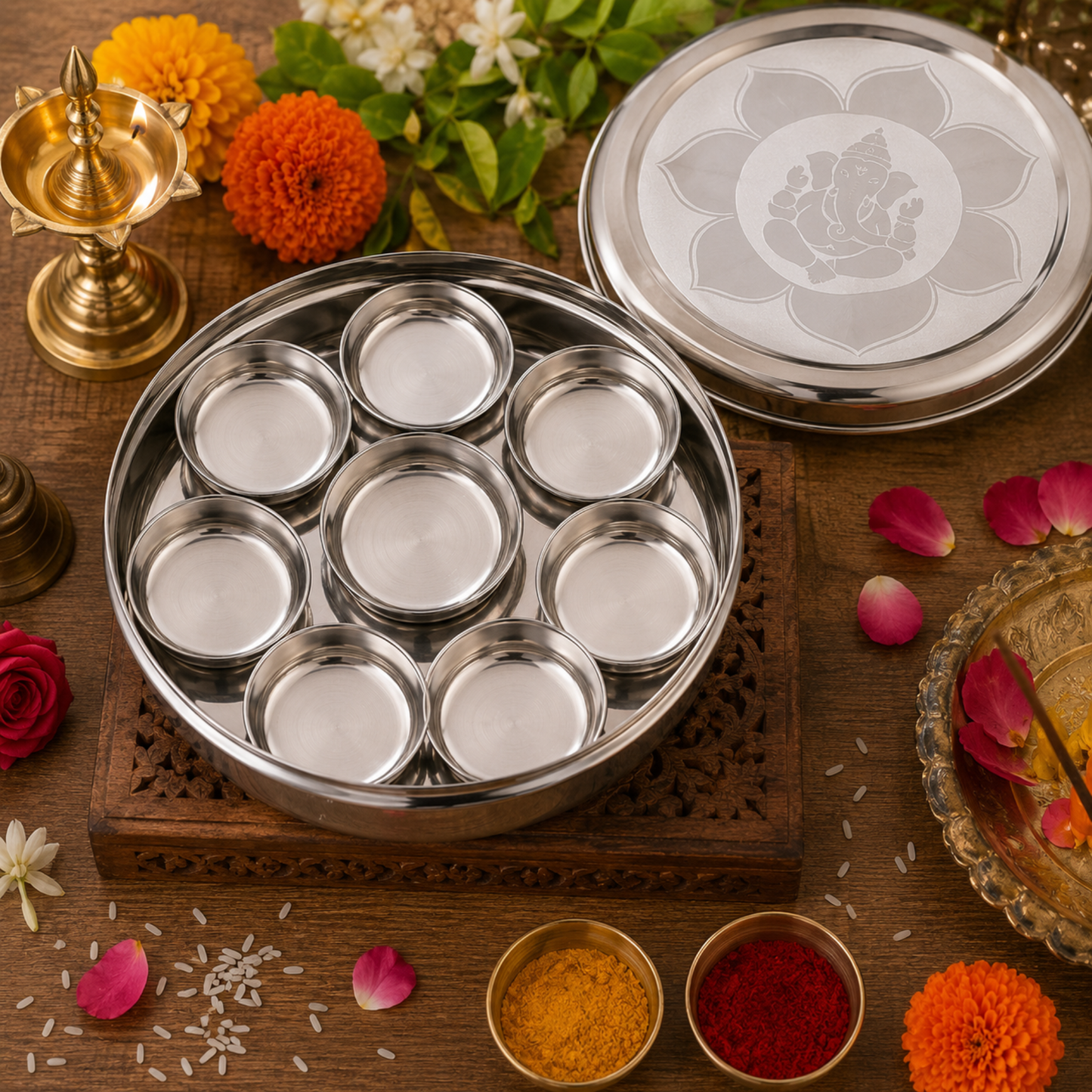 Stainless Steel Pooja Box with 7 Removable Katoris & Engraved Lid