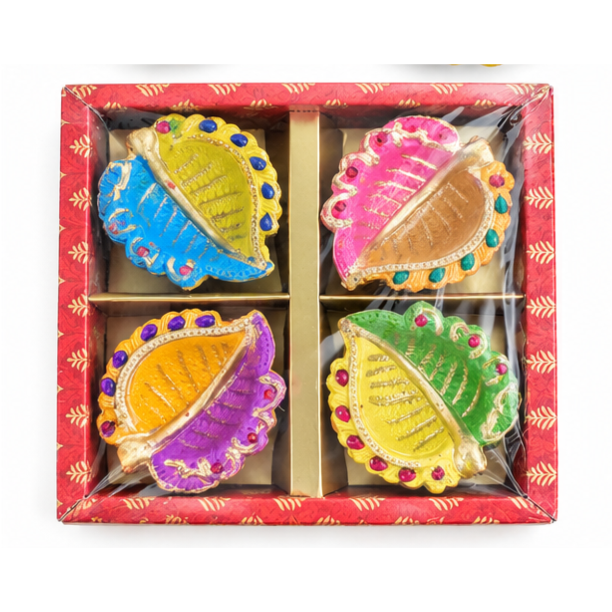 Handmade Clay Diya Set of 4 – Assorted Multicolour Decorative Oil Lamps