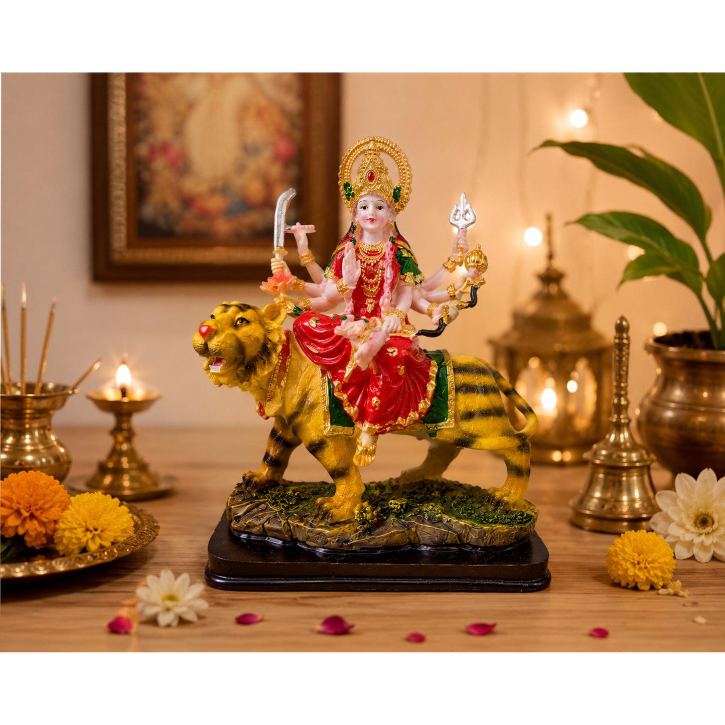 Durga Mata Idol on Tiger Statue 20cm Hard Plastic Hindu Goddess Murti for Home Mandir