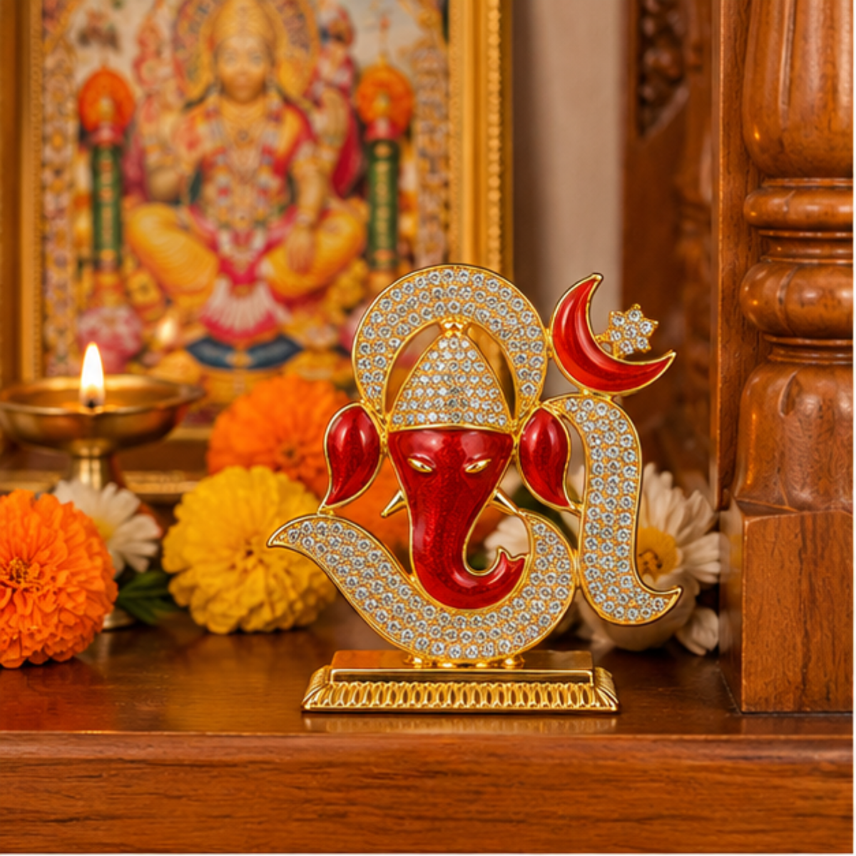 Ganesh Ji Decorative Idol with Om Design, Crystal Stone Detailing & Gold Colour Finish