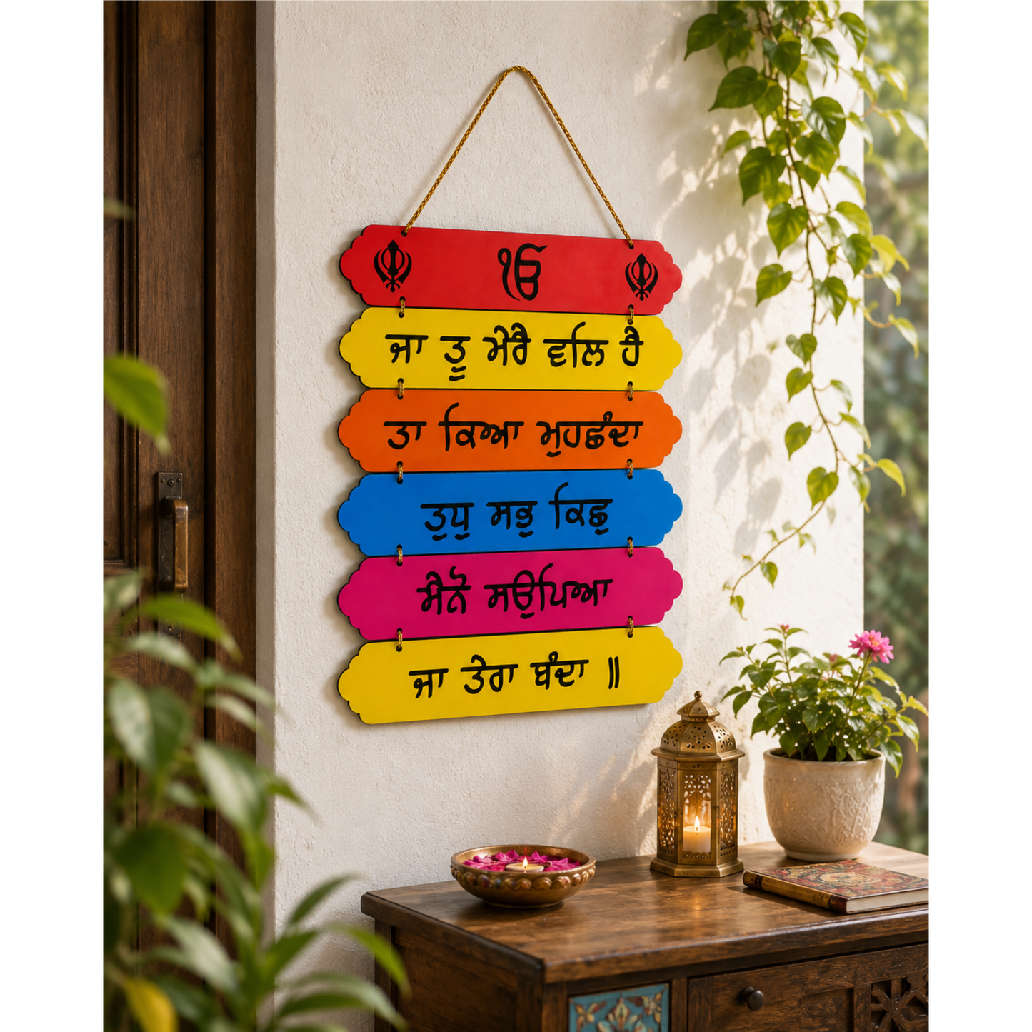 Punjabi Sikh Gurbani Wooden Hanging Wall Plaque Religious Home Decor 28 x 24 cm