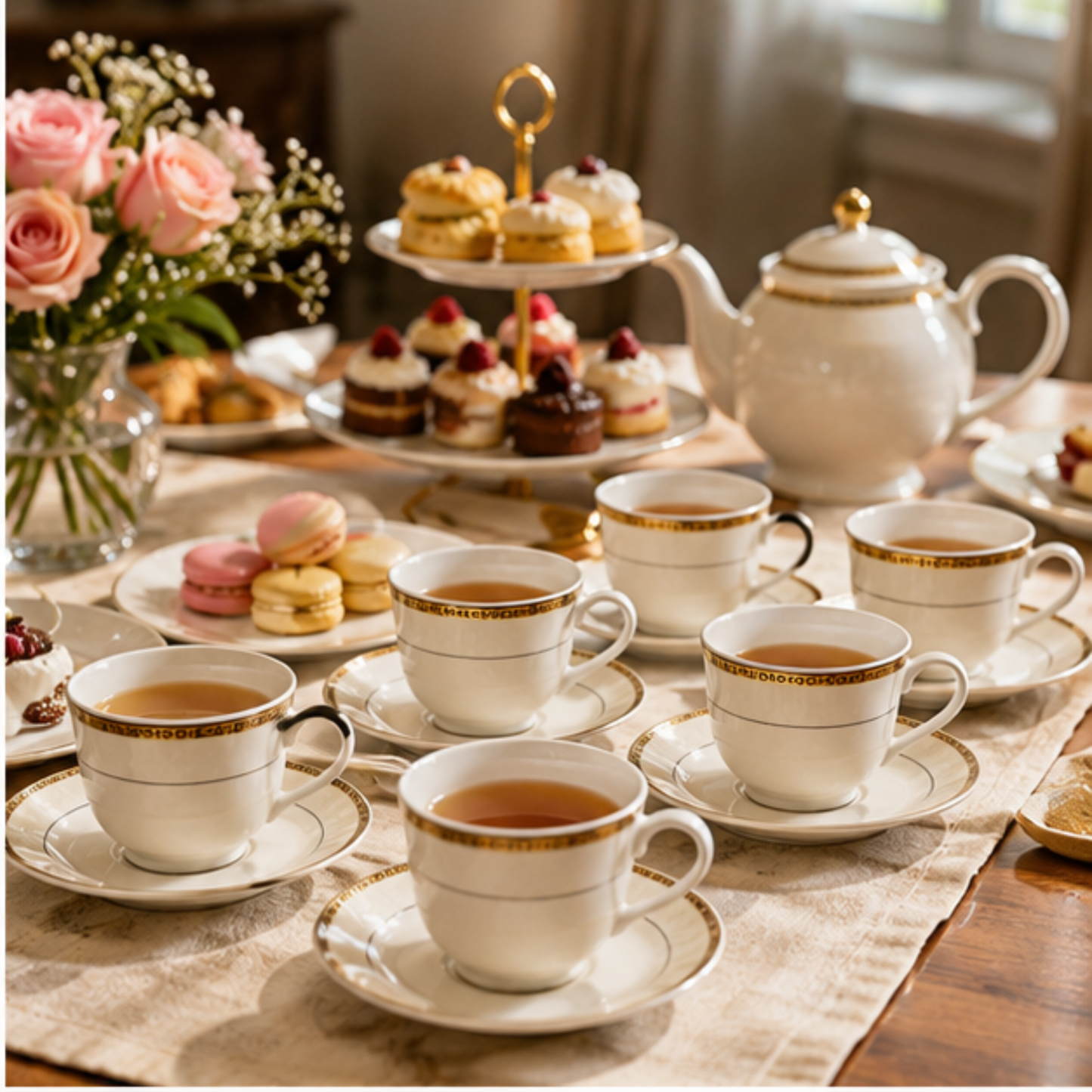 12 Piece Porcelain Tea Set Gold Cream, 6 Tea Cups & 6 Saucers
