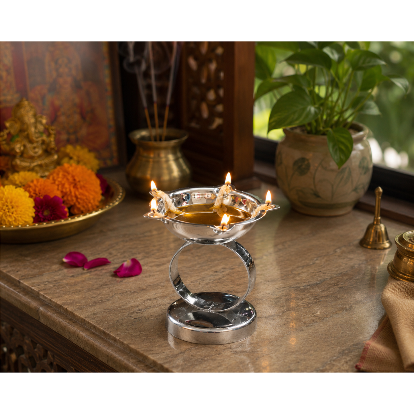 Stainless Steel Five Faced Jyot Oil Lamp Diya with Stand Traditional 6cm x 6.5cm