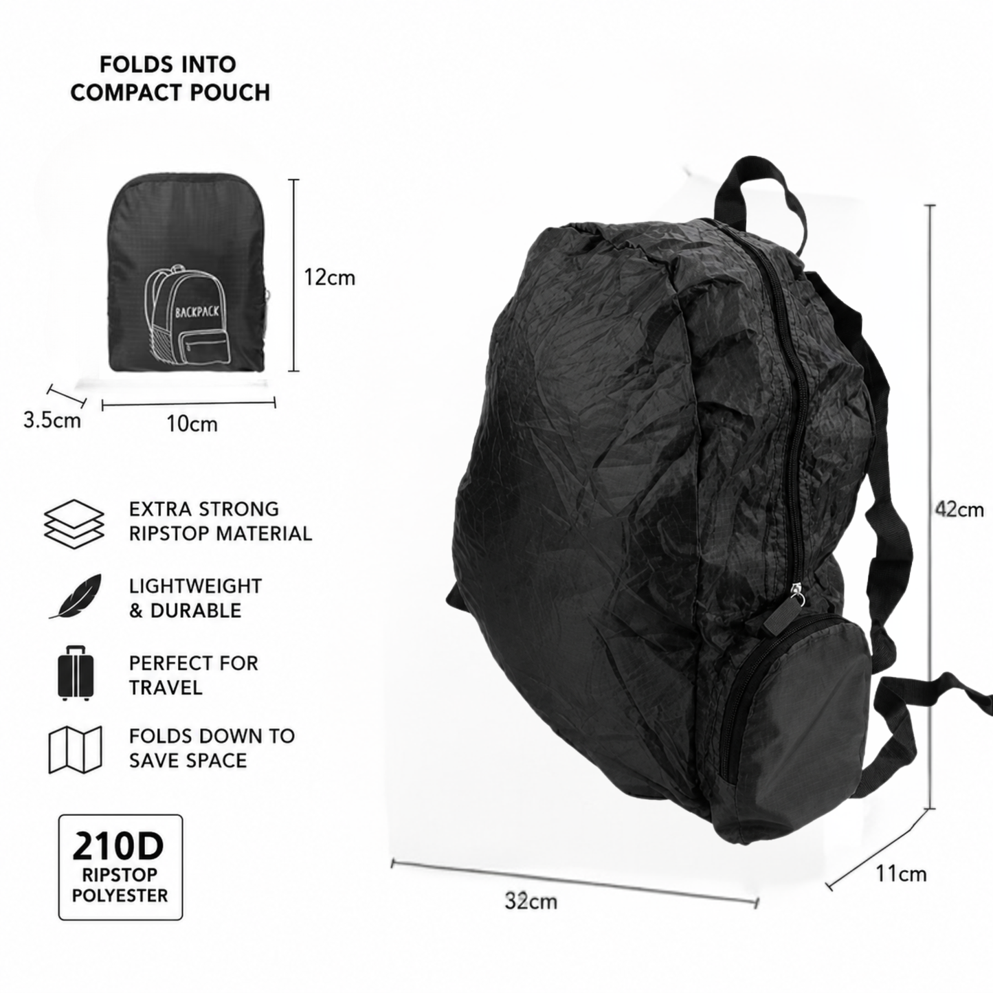Foldable Backpack Lightweight Travel Rucksack 32 x 42 x 11cm