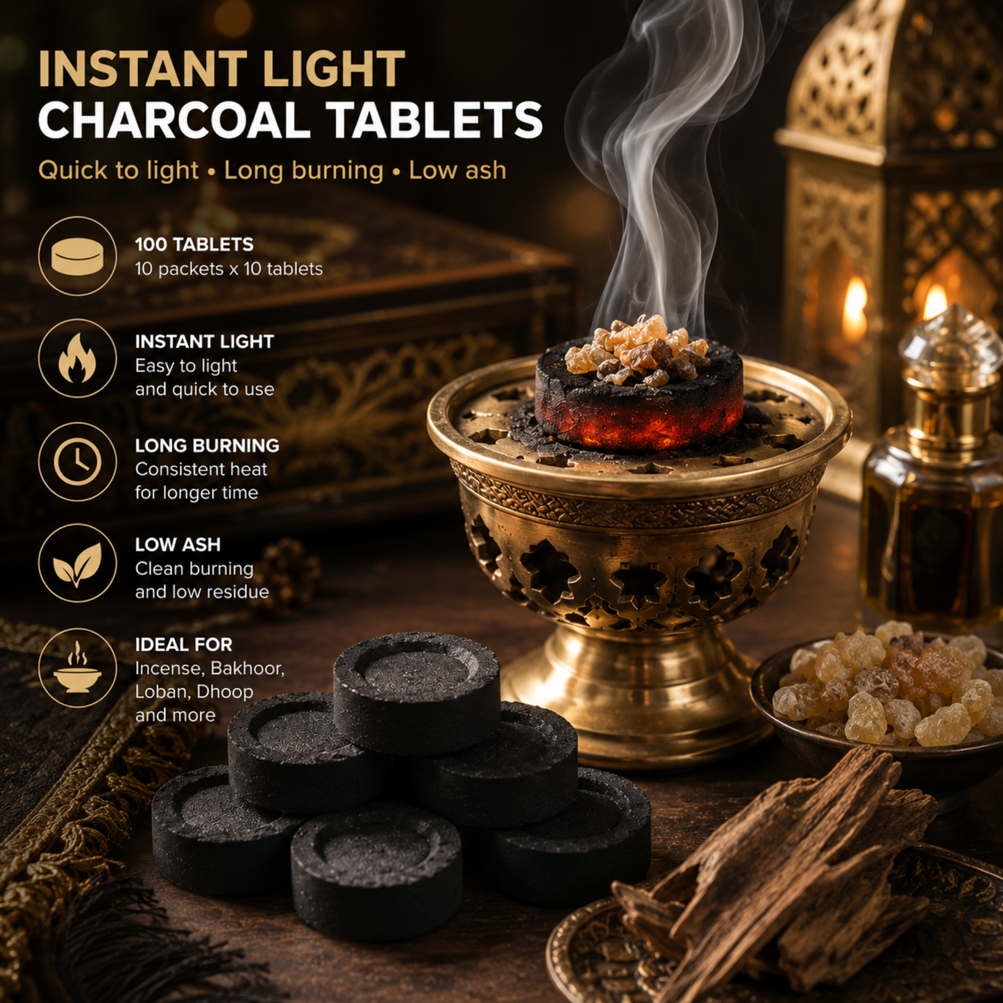 Instant Light Charcoal Tablets 100 Pack - 10 Packs of 10 Tablets - Long Burning