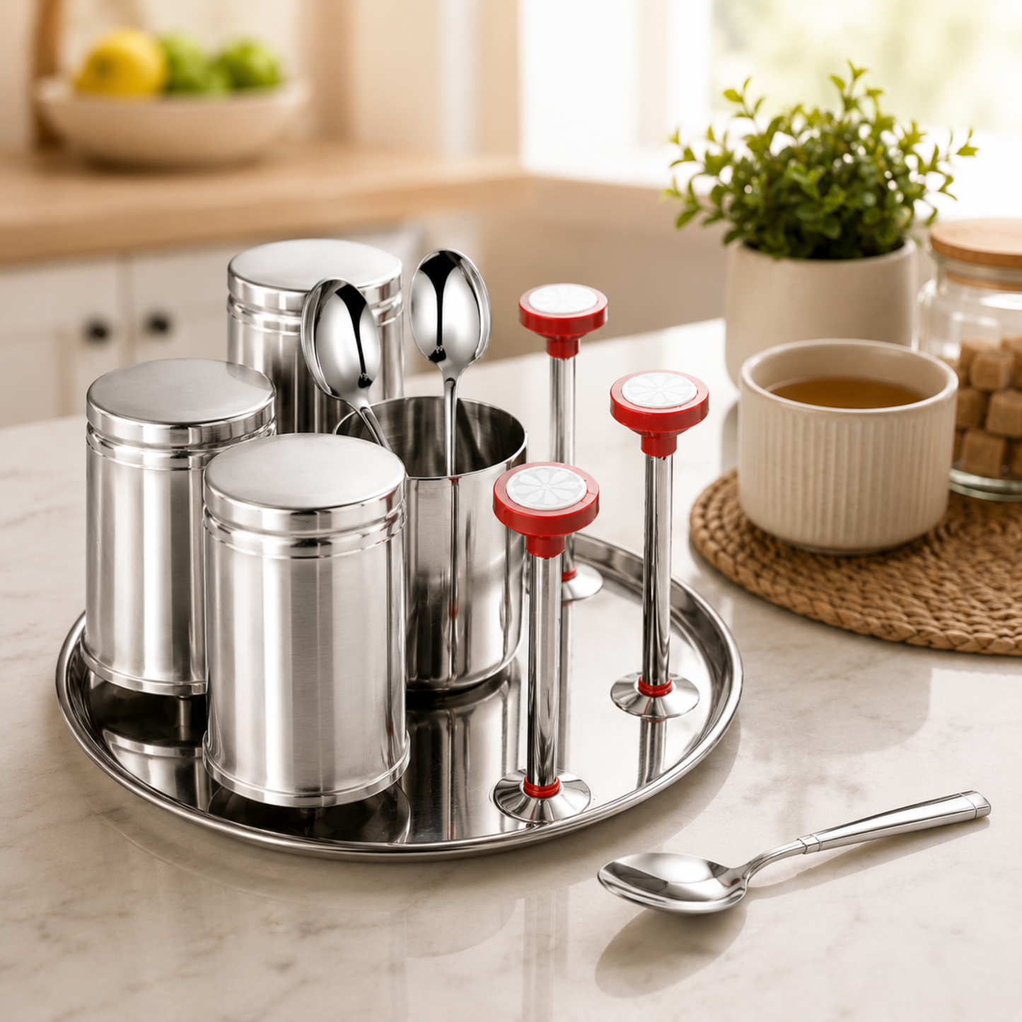 Stainless Steel Glass and Spoon Stand Set with Tray Kitchen 21cm x 12cm