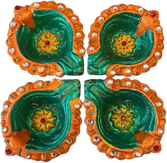 4 x Handcrafted Clay Diya in Green and Orange with Yellow Flower Centre and Stone Work