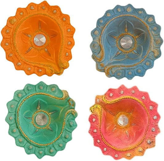 4 x Handmade Colourful Clay/Mitti Diyas for Diwali Pooja
