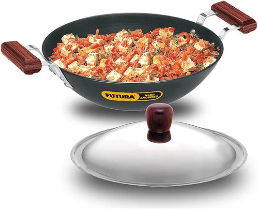 FUTURA Hard Anodized Flat Bottom Deep Fry Pan with Stainless Steel Lid, 3.75 LT