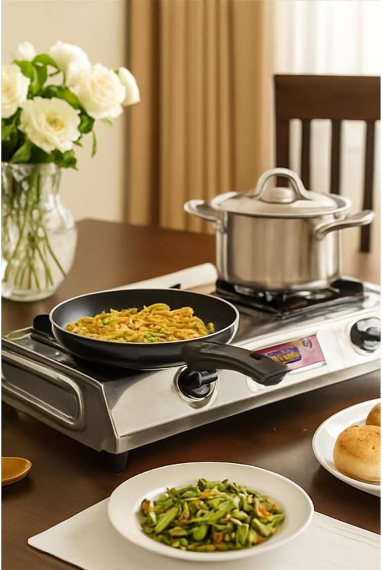 Gas Stove Stainless Steel Double Burner – Portable LPG Gas Cooker for Indoor Kitchen, Camping, Outdoor Cooking, Catering, and Food Stalls – Heavy Duty, Easy Clean, Compact Design