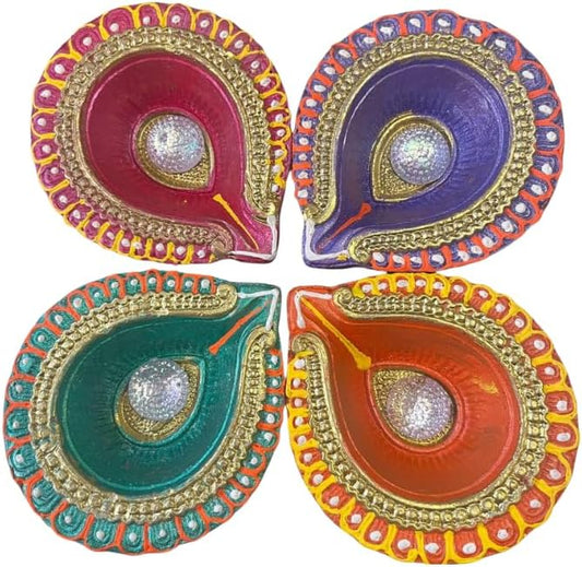 4 x Handcrafted Diwali Diyas Clay Oil Lamps with Stone Centre