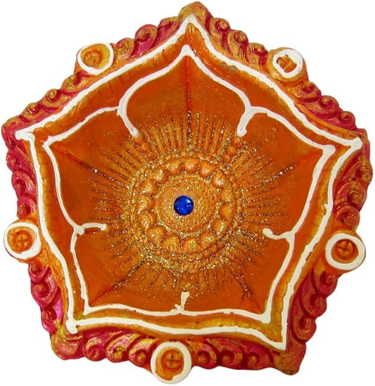1 x Handmade Clay Oil Diya with Blue Stone & White Circle Design 13.5cm