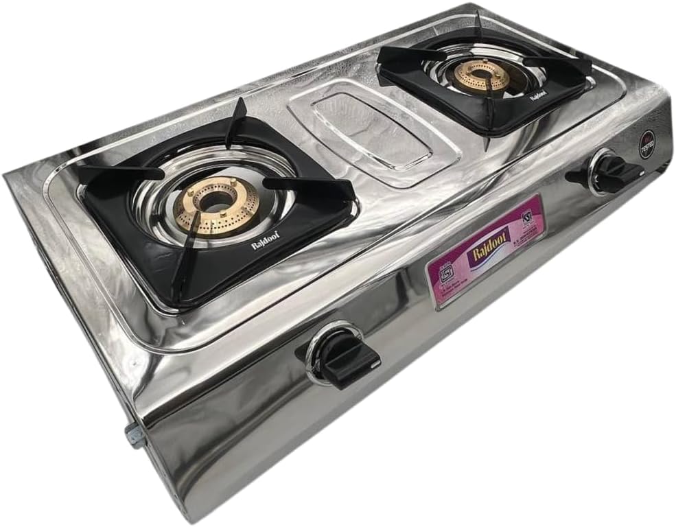 Gas Stove Stainless Steel Double Burner – Portable LPG Gas Cooker for Indoor Kitchen, Camping, Outdoor Cooking, Catering, and Food Stalls – Heavy Duty, Easy Clean, Compact Design