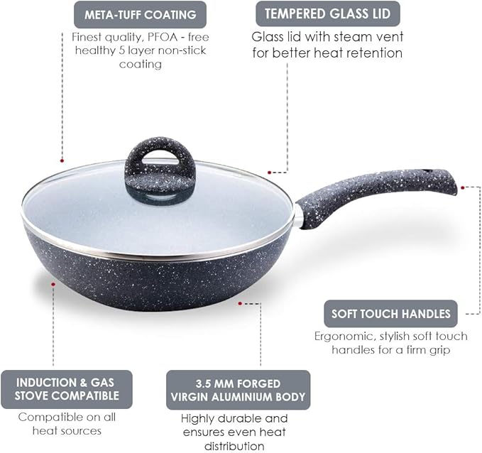 Wonderchef Granite Wok with Lid – Non-Stick, Versatile & Safe, 26cm