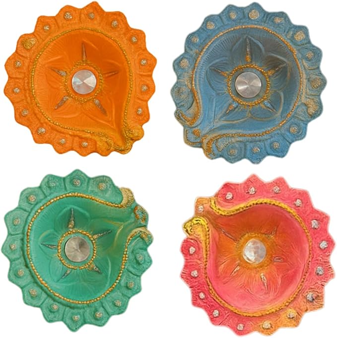 4 x Handmade Colourful Clay/Mitti Diyas for Diwali Pooja