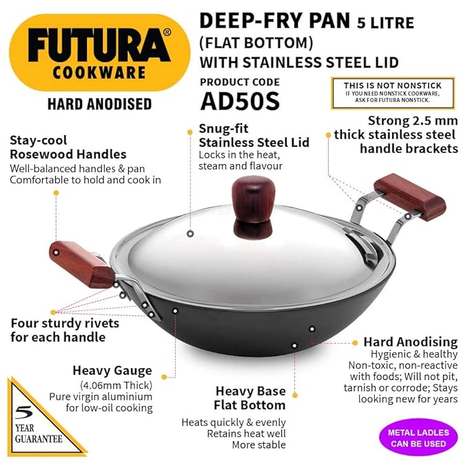 Hawkins Futura Hard Anodised Kadai with Stainless Steel Lid, Black - 5L