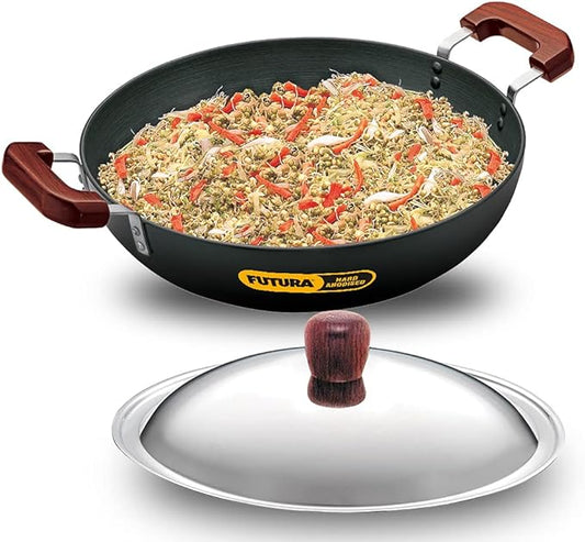 FUTURA Hard Anodised Deep-Fry Pan(Kadhai) 7-1/2-Litre with Steel Lid and Flat Bottom