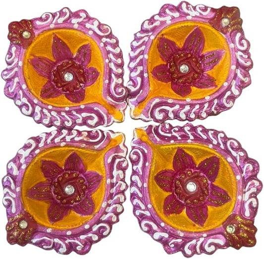 4 x Decorative Clay Diya with Traditional Floral Design and Sparkling Stone Work