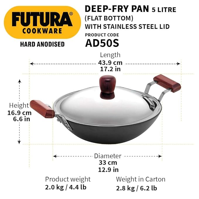 Hawkins Futura Hard Anodised Kadai with Stainless Steel Lid, Black - 5L