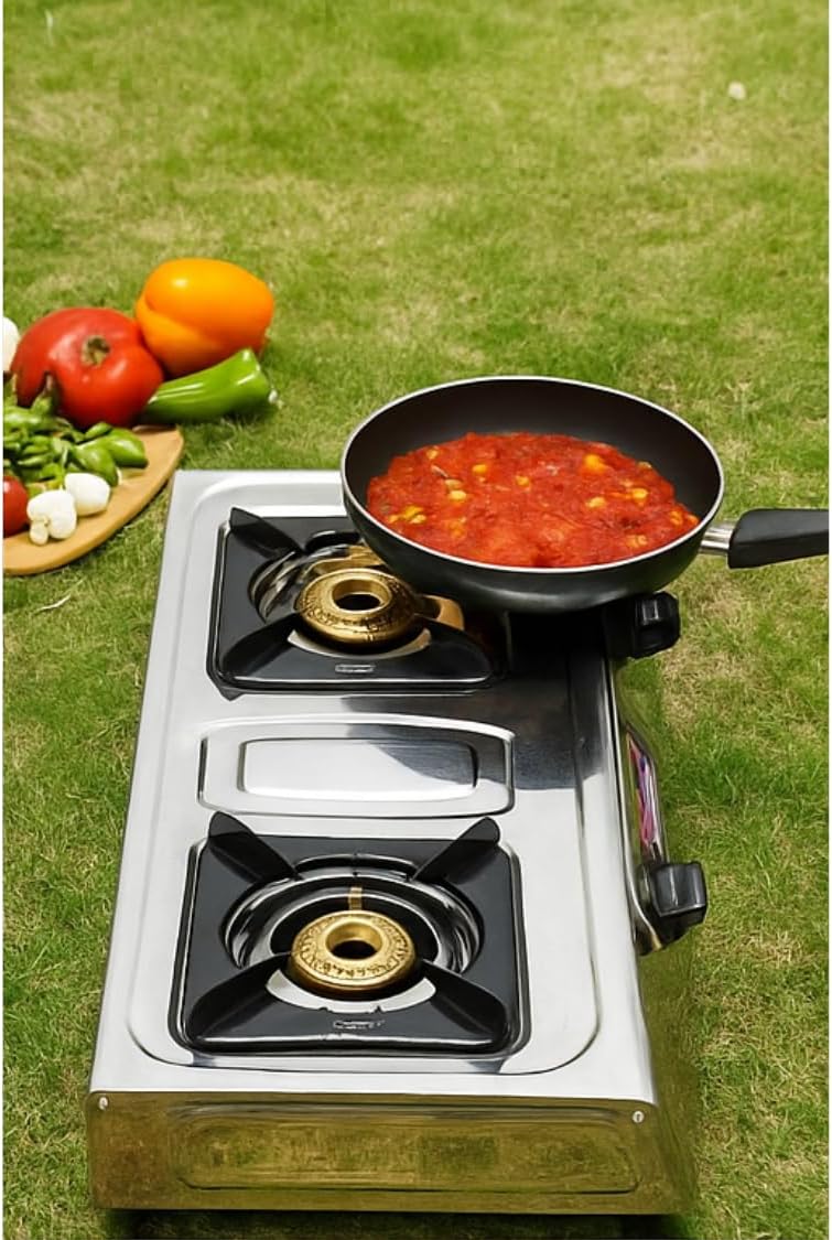 Gas Stove Stainless Steel Double Burner – Portable LPG Gas Cooker for Indoor Kitchen, Camping, Outdoor Cooking, Catering, and Food Stalls – Heavy Duty, Easy Clean, Compact Design